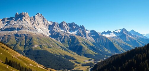 Majestic mountain range with lush green valley and clear blue sky,  untouched,  peaks