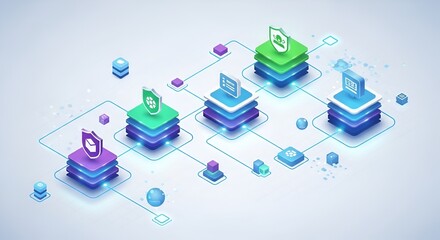 Isometric network illustration showing interconnected data layers with security shields and icons