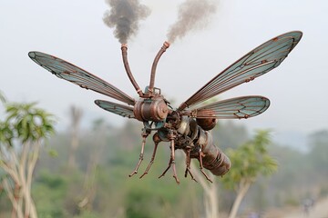 Steampunk insect, intricate metalwork, flying,  smoke,  mechanical