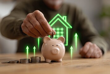 Elderly hand placing coin into piggy bank, beside stacks of coins, with graphic of house and upward trend lines