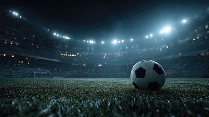 A soccer ball sits on a field at night, surrounded by a stadium full of spectators. Stadium lights illuminate the scene
