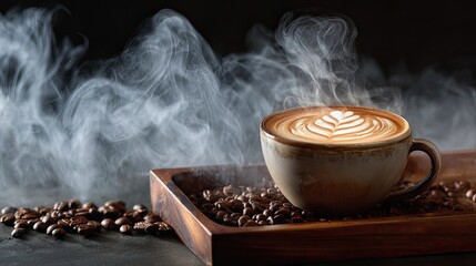 A steaming cup of latte art on a wooden tray