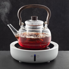 Brewing tea in a glass teapot on the modern electric kettle over black background