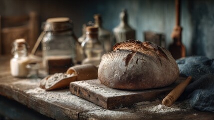 Rustic loaf of artisan bread on wooden table, surrounded by vintage kitchenware