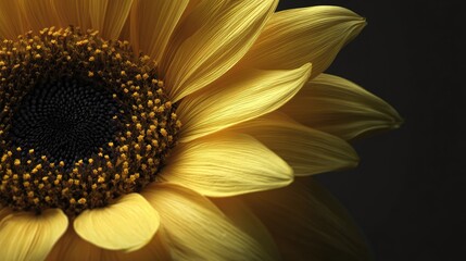 Close-up sunflower, vibrant yellow petals, dark background