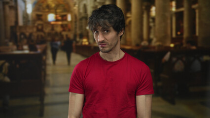 Obraz premium Young man turns head sideways near wooden pews inside a church building lit by stained glass windows; social discomfort.