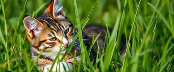 Tabby cat playfully batting at a blade of green grass, domestic, animal photography