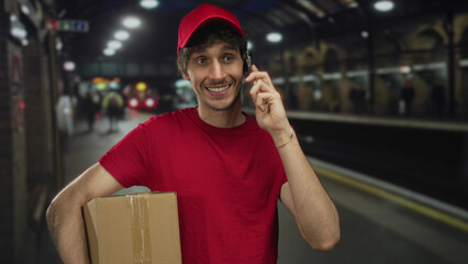 Man holds cardboard box with one arm and talks on phone at train station; efficiency reliability...