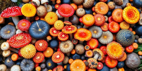 Vibrant array of colorful mushrooms, various sizes and textures,  stem,  fall