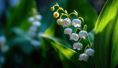 Delicate lily of the valley flowers, bathed in sunlight, amongst lush green foliage