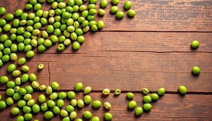 Vibrant green beans scattered on rustic wooden surface,  diet,  nature