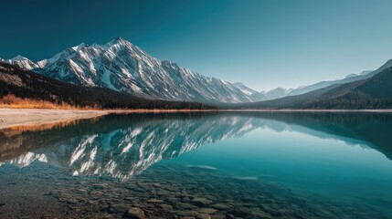 Serene mountain lake reflecting a snowy peak
