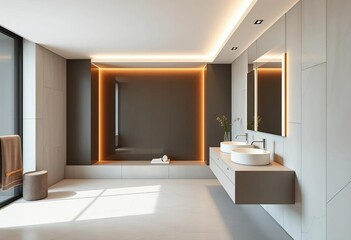 Sleek minimalist bathroom with floating vanity, large mirror, and neutral tones,  bright,  floor