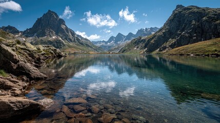 Serene mountain lake reflecting a vibrant sky.  Crystal-clear water mirrors jagged peaks and fluffy clouds, showcasing a tranquil alpine landscape