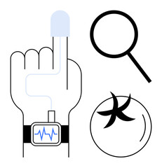 Hand wearing smartwatch with pulse monitor, magnifying glass symbolizing research, and tomato for nutrition. Ideal for health, technology, food, research, medicine tracking diet. Simple flat