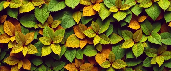 Vibrant green leaves arranged in an overlapping collage pattern, collage, natural