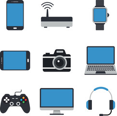 Collection of modern electronic gadgets and devices vector illustration. A flat design illustration 
including smartphone, router, smartwatch, tablet, camera, laptop, game controller, and headphone