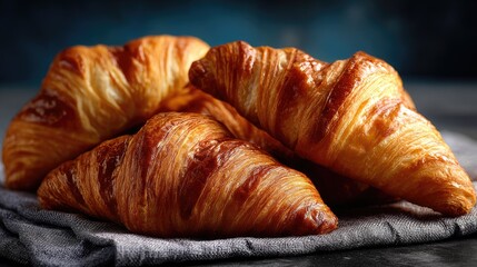Close-up of golden-brown croissants piled on a gray linen cloth