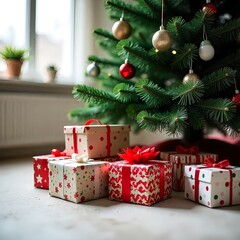 An array of elegant Christmas gift boxes wrapped in red and brown paper,