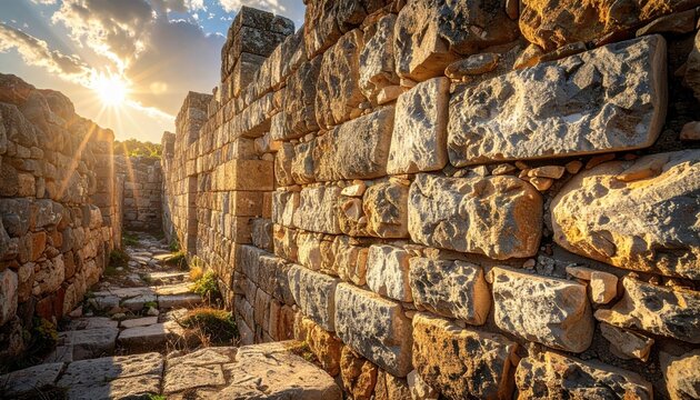 Ancient Stone Wall Lit by Golden Sunlight in Perge Antalya Turkey With Clear Blue Sky and Sunstar Bursting Above Structure in a Tourism Concept