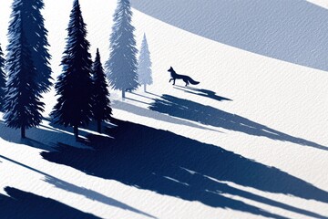 Winter scene with fox and trees, shadows on snow