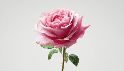 Single pink rose against a plain light gray background.  Close-up, showcasing delicate petals and stem