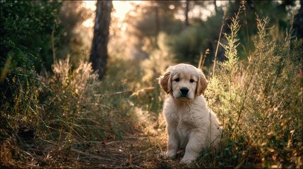 Golden retriever puppy sits in sunlit forest path