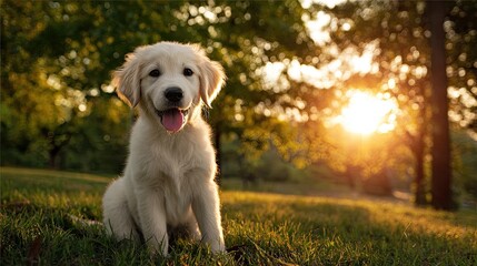 Golden retriever puppy sits in grass, golden sun shines through trees