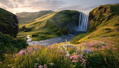 Lush Icelandic valley with waterfall at sunrise