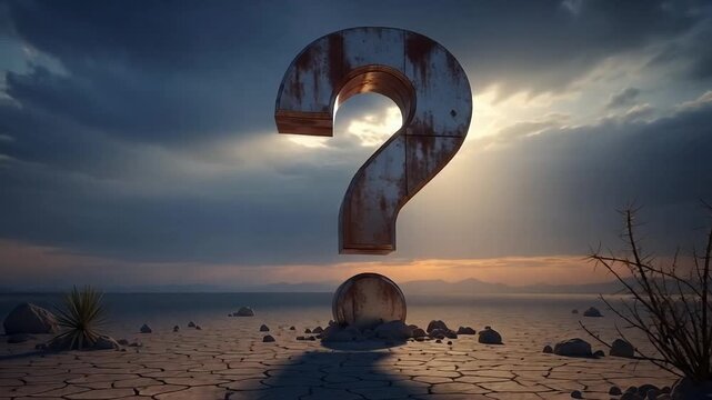 Contemplative question mark looming over cracked desert landscape, evoking mystery and existential pondering, perfect for philosophical explorations, dramatic lighting