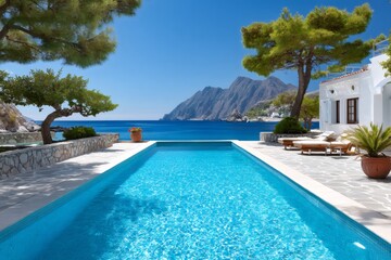 Fototapeta premium Infinity pool overlooking tranquil turquoise ocean in greece