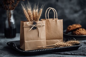 Simple kraft paper bags adorned with wheat stalks