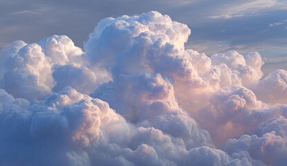 Massive cumulus clouds illuminated by sunset hues