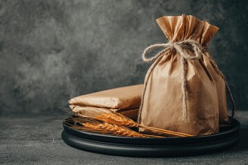 Rustic kraft paper bags and wheat on a tray