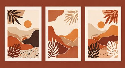 A set of three boho minimalist landscape art prints featuring warm terracotta tones, abstract mountains, tropical leaves, and sun elements for home decor and wall art