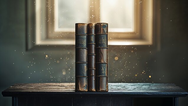 A hand reaching for an old, worn leather book from a bookshelf. A dynamic image of choosing a story, research, or seeking knowledge in a library.