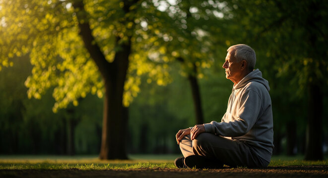 Peaceful senior man meditating cross-legged on the grass at sunrise, embracing a mindful lifestyle and finding serenity in nature