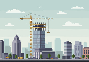 Obraz premium Construction activity in urban landscape skyscraper development digital modern city environment aerial perspective