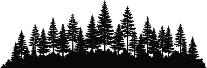 Dense conifer forest silhouette with pine trees on hilly terrain—black and white nature landscape for outdoor, wildlife, and design themes