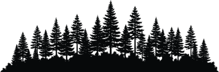 Fotobehang Zwart Dense conifer forest silhouette with pine trees on hilly terrain—black and white nature landscape for outdoor, wildlife, and design themes  © Silent Soul