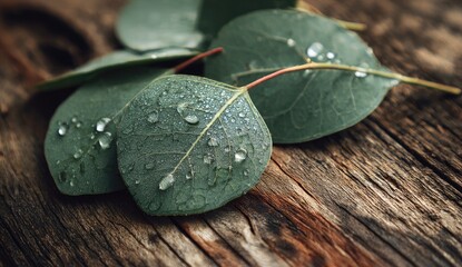 Eucalyptus leaves with water droplets on weathered wood