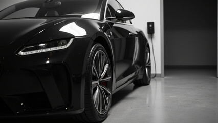 Sleek black electric vehicle parked in modern garage, showcasing its stylish design and advanced technology