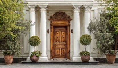 Ornate wooden front door with classical columns