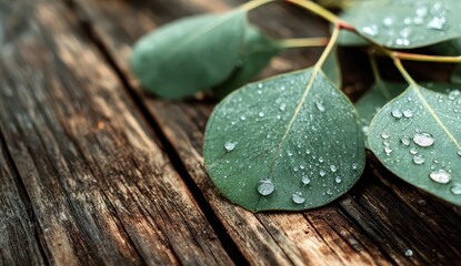 Delicate eucalyptus leaves with water droplets resting on a weathered wooden surface