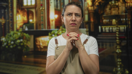 Woman clasping hands and bowing head in prayer gesture inside ornate church sanctuary with stained glass windows and altar flowers; concern.