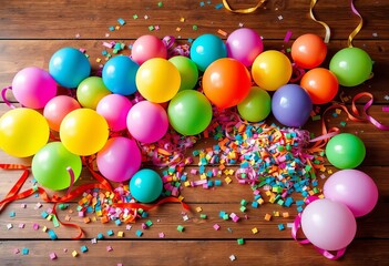 Colorful balloons, confetti, and streamers scattered on a wooden table,  close-up,  sprinkles
