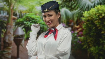 Woman flight attendant touches cheek and smiles in forest clearing with lush green plants and elegant cap; serenity.