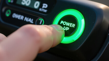 Power up button being pressed glowing green light technology interface user interaction modern device close up shot digital display control panel