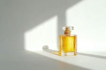 Amber perfume bottle in sunlit studio