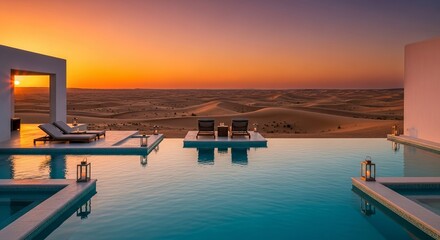 Experience ultimate luxury relaxing by the pool at sunset overlooking the stunning desert landscape, creating unforgettable moments